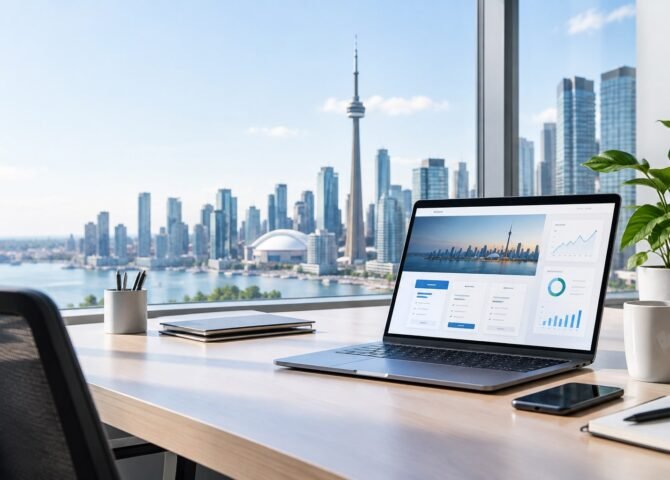 Modern Toronto office with a laptop showing a professional website design
