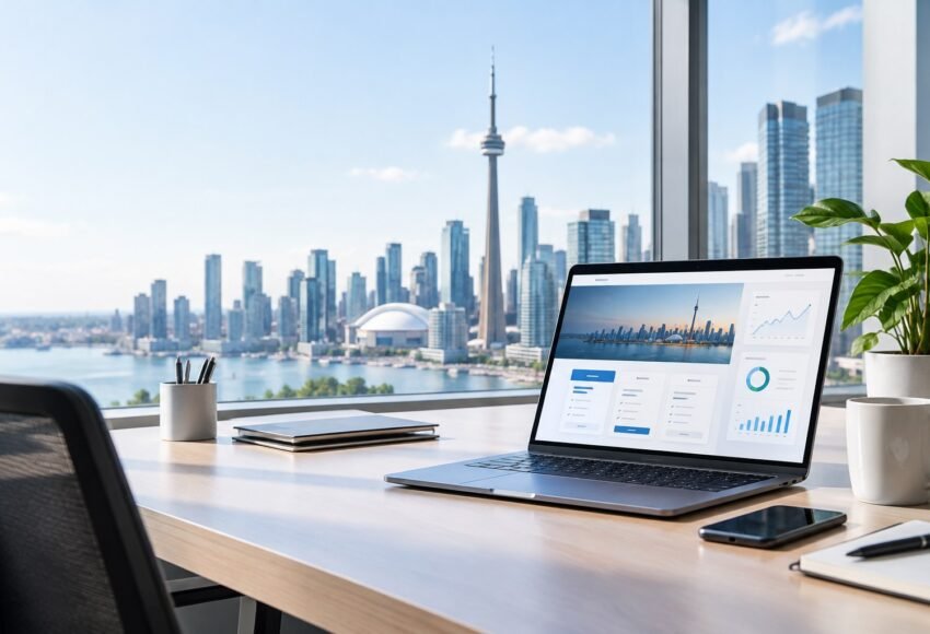 Modern Toronto office with a laptop showing a professional website design
